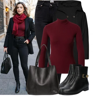 Jízda na koni Outfit s Černá Kožená bunda/High Waist Džínové Kalhoty/Džíny s Rozparkem/Push up Džín/Zimní bunda/Kožené Boty/Termální Džíny/Motorkářské Džíny Only "Perfektní na zimu"Look: Jízda na koni, Na Procházku, Volný čas, Apres ski