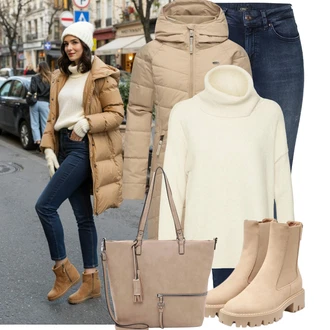 Outfit s Krémová/Béžová/Bílá/Khaki Svetr Carmen/Kašmírový Svetr/Vodopádový Svetr/Kašmírový Svetr/Mohair Pullover/Plyšový svetr/Jednoduchý Svetr/Rolák/Zimní Svetr/Vlněný Svetr/Svetr s přehozem/Svetr s límečkem VERO MODA "Perfektní na zimu"