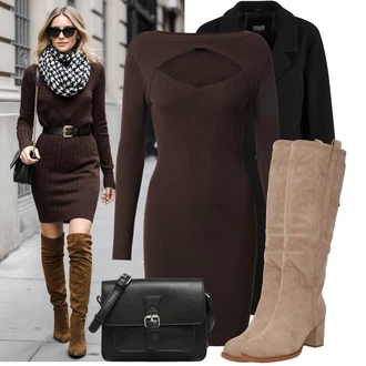 Posilování Outfit s Hnědá/Tmavě hnědá/Šedá/Tmavě zelená Šaty s dlouhým rukávem/Šaty S Vysokým Výstřihem/Přiléhavé Šaty/Šaty Ze Síťoviny/Pletené Šaty/Šaty S Rolákem/Šaty na Podzim/Svetrové Šaty/Zimní Pletené Šaty/Zimní šaty s dlouhým rukávem About You "Perfektní na zimu"Look: Posilování