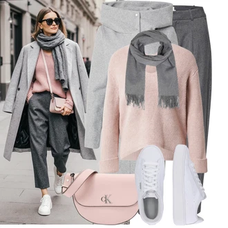 Outfit s Šedá/Světle šedá/Tmavě šedá 3/4 Kalhoty/Baggy Kalhoty/Boyfriend Kalhoty/Business Kalhoty/Mrkvová Kalhoty/Kalhoty s nášivkou uprostřed/Obleková Kalhoty/Kalhoty s Vysokým Pasem/Mušelínové kalhoty/Paperbag Kalhoty/Tvídová Kalhoty Kaffe "Podzimní Look"