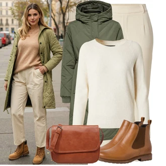 Outfit s Zelená/Tmavě Zelená Přechodový Kabát/Dlouhý Zimní Kabát/Zimní Kabát/Dlouhý Péřový Kabát/Kabát s Kapucí/Prošívaný Kabát/Parka JdY "Podzimní Look"