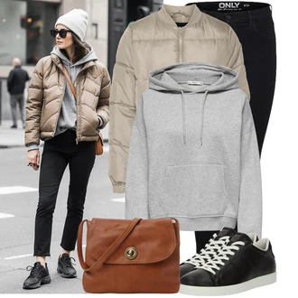 Outfit s Černá Jeggings/Skinny Kalhoty/Džínové Legíny/Tregíny Only, Černá Kožené tenisky/Nízká Teniska/Úzká teniska/Vintage teniska About You "Podzimní Look"