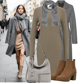 Retro Outfit s Šedá/Tmavě šedá/Tmavě modrá/Světle šedá Šál About You "Podzimní Look"Look: Cool, Krásný, Traditional, Retro, 80tá léta