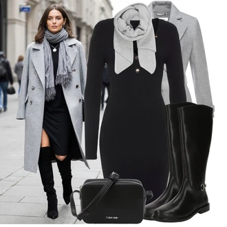 Retro Outfit s Černá/Bílá/Hnědá Nezařazené Calvin Klein, Šedá/Světle šedá Šál/Kruhový Šál About You "Podzimní Look"Look: Rad, Klasické, Skromné, Retro, Lak, Old Money, Nadrozměrné, Pro Dům, Traditional, 80tá léta