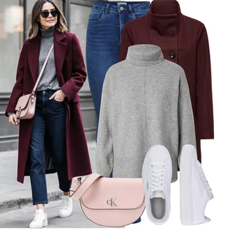 Moderní Matka nevěsty Outfit s Tmavě červená/Červená/Vínová Přechodový Kabát/Vlněný kabát/Vlněný Fleecový Kabát/Kabát z Kabanosu/Lodenový kabát/Duffle Kabát Only "Podzimní Look"Look: Klasické, Francouzské, Námořní, Moderní, Příliš oblečený, Chytrý příležitostný, Univerzitní