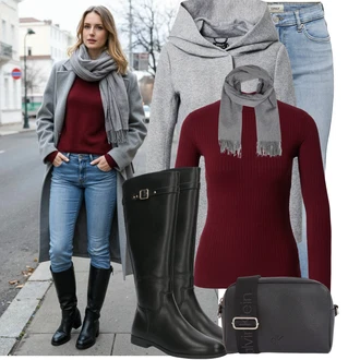 Outfit s Vínová/Tmavě červená Tričko Roláková Košile Edited "Podzimní Look"