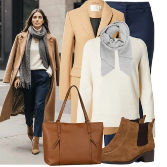 Retro Outfit s Šedá/Světle šedá Šál/Kruhový Šál About You "Podzimní Look"Look: Klasické, Pro Dům, Old Money, Skromné, Traditional, Retro, 80tá léta