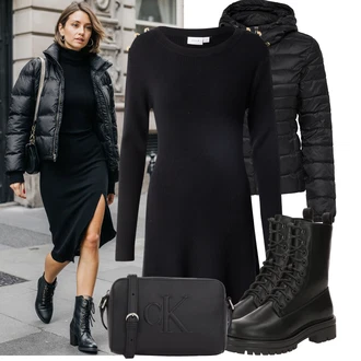 Od 50 let Outfit s Černá Prošívaná Bunda/Termo Bund/Udržitelná bunda/Puchová Bund/Letní peřová bunda/Bunda s Kapucí/Péřová Bunda/Zimní Bund/Bunda z umělých vláken/Nafukovací Bund/Sbalitelné Bund Only "Podzimní outfit na volný čas"