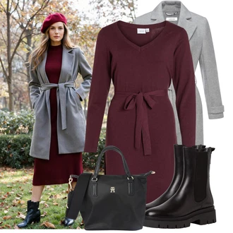 Outfit s Hnědá/Černá/Tmavě hnědá/Fialová Chelsea Boty Tamaris, Černá/Fialová/Růžová Obchodní Taška/Taška/Kancelářská Taška/Brašna/Shopper taška Tommy Hilfiger "Podzimní outfit na volný čas"