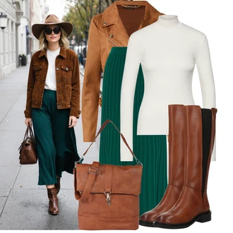 Oblečení se sukní Egirl s Fialová/Bílá/Hnědá/Zelená/Černá Pletený top/Pletené tričko/Roláková Košile Edited "Podzimní outfit na volný čas"Look: Rad, Emo, Egirl, Slavnostní, Girlfriend, GoGo, Indie, Jazz, Krásný, Měkká dívka