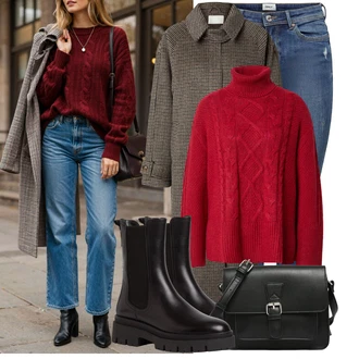 Outfit s Hnědá/Černá/Tmavě hnědá/Fialová Chelsea Boty Tamaris, Černá/Hnědá Pánská taška/Obchodní Taška/Klasická Taška Přes Rameno/Kancelářská Taška/Brašna About You "Podzimní outfit na volný čas"