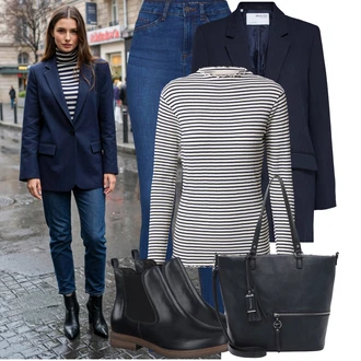 Malý Outfit s Tmavě modrá/Modrá/Šedá Velká taška/Obchodní Taška/Taška/Taška Přes Rameno/Kancelářská Taška/Shopper taška/Sportovní Taška Přes Rameno/Taška Na Rameno Tamaris "Podzimní outfit na volný čas"