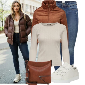 Outfit s Červená/Hnědá/Oranžová Manšestrová Bunda/Krátký Bund/Udržitelná bunda/Plyšová Bund/Krátký Bund/Podzimní bunda About You "Podzimní outfit na volný čas"