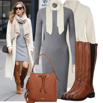 Retro Outfit s Béžová/Bílá/Khaki/Krémová Šál/Kruhový Šál About You "Podzimní outfit na volný čas"Look: Klasické, Nadrozměrné, Traditional, Retro, 80tá léta