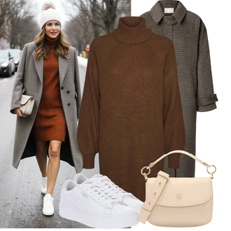 Od 50 let Outfit s Černá/Hnědá/Tmavě hnědá/Béžová Pletené Šaty/Šaty S Rolákem/Svetrové Šaty/Zimní Pletené Šaty Noisy may, Bílá Nízká Teniska/Teniska s dírkovaným vzorem/Úzká teniska/Teniska na platformě Puma, Béžová Bagetová taška/Klasická Taška Přes Rameno/Dopisová peněženka/Malá Taška/Brašna/Sportovní Taška Přes Rameno Tommy Hilfiger "Podzimní outfit na volný čas"