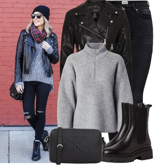 Outfit s Černá Kožená bunda/High Waist Džínové Kalhoty/Džíny s Rozparkem/Push up Džín/Zimní bunda/Kožené Boty/Termální Džíny/Motorkářské Džíny Only, Hnědá/Černá/Tmavě hnědá/Fialová Chelsea Boty Tamaris "Podzimní outfit na volný čas"