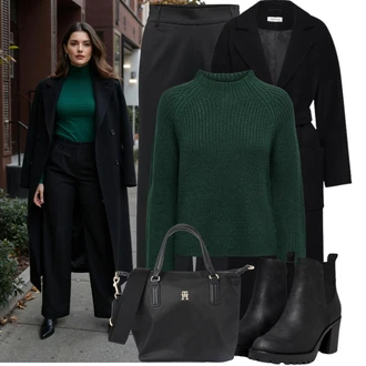 Outfit s Tmavě zelená/Zelená Basic Svetr/Svetr Carmen/Kašmírový Svetr/Pletený Svetr/Mohair Pullover/Jednoduchý Svetr/Rolák/Vlněný Svetr/Svetr s límečkem JdY "Podzimní outfit na volný čas"