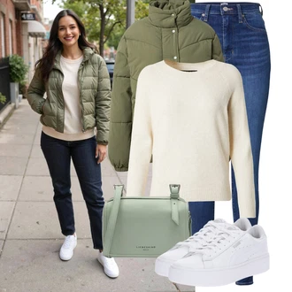 Krásný Outfit s Modrá/Tmavě modrá Džínové Legíny/Jeggings/Skinny Kalhoty Tommy Jeans "Podzimní outfit na volný čas"Look: Styl, 90tá léta, Cool, Krásný, Old Money, Bezešvé