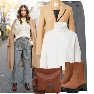 Outfit s Šedá/Tmavě šedá/Světle šedá Široká Kalhoty/Business Kalhoty/Marlene Kalhoty/Palazzo Kalhoty/Kalhoty se Štěrbinou/Plisovaná kalhoty/Kalhoty s nášivkou uprostřed/Kalhoty s Vysokým Pasem/Obleková Kalhoty/Plisovaná Kalhoty Object "Podzimní outfit na volný čas"