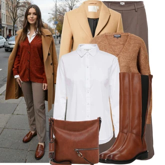 Outfit s Červená/Hnědá/Béžová Bota Vintage kozačka/Kozačka se zipem/Bota se širokým nohavici/Kozačka po Kolena/Jezdecká Bota/Dlouhá Kozačka About You "Podzimní outfit na volný čas"