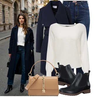 Outfit s Béžová/Bílá/Hnědá Bagetová taška/Dopisová peněženka/Malá Taška/Brašna/Sportovní Taška Přes Rameno Tommy Hilfiger "Podzimní outfit pro každý den"