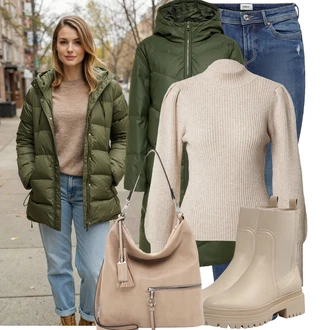 Družička Outfit s Šedá/Béžová/Hnědá Velká taška/Taška/Taška Přes Rameno/Brašna/Shopper taška/Sportovní Taška Přes Rameno Tamaris "Podzimní outfit pro každý den"