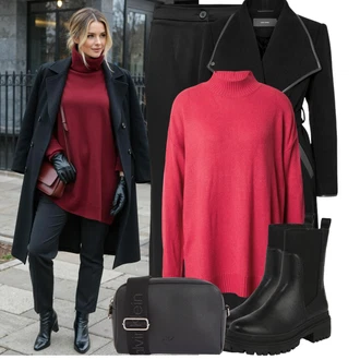 Výstřih na zádech Outfit s Červená/Růžová/Tmavě červená Basic Svetr/Kašmírový Svetr/Svetr z Jemné Pleteniny/Kašmírový Svetr/Oversize Svetr/Jednoduchý Svetr/Rolák/Vlněný Svetr/Svetr s límečkem Vila "Pohodlné zimní outfity"