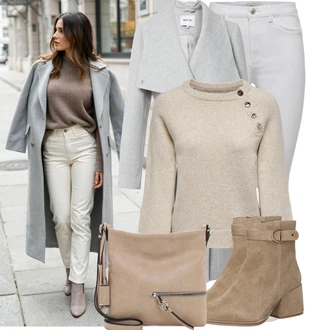 Klasické Koncert Outfit s Šedá/Krémová/Bílá Tregíny/Jeggings/Skinny Kalhoty/Džínové Legíny/Kalhoty s dírou/Kalhoty se Štěrbinou/Legíny s Rozparkem Only, Šedá About You "Stylový zimní outfity"Look: Styl, Klasické, Cool, Disko, Old Money, Bar, Koncert, Škola, 18. narozeniny, Moderní, Univerzitní, Business, Kancelář, Příliš oblečený, Valentýn, Den matek, Zvláštní příležitosti, Nový Rok