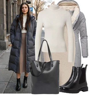 Svatební host Outfit s Béžová/Khaki/Hnědá Pletená sukně/Vlněná Sukně Vila "Stylový zimní outfity"