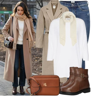 Klasické Koncert Outfit s Šedá/Béžová/Hnědá/Khaki Vlněný Kabát/Dlouhý kabát/Dlouhý Kabát/Vlněný kabát/Kašmírový Kabát/Lodenový kabát/Midi Kabát Only, Béžová/Bílá/Khaki/Krémová Šál/Kruhový Šál About You "Stylový zimní outfity"Look: Klasické, Business, Kancelář, Old Money, Příliš oblečený, Chytrý příležitostný, Univerzitní, Koncert, Firemní večírek, Chatky, Den matek, Nový Rok, Škola, Zvláštní příležitosti, Nadrozměrné, Traditional, Retro, 80tá léta, Bar, Křest, Den na pláži, Karneval, Galavečer