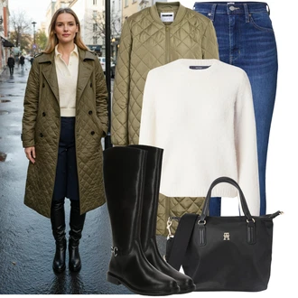 Krásný Outfit s Modrá/Tmavě modrá Džínové Legíny/Jeggings/Skinny Kalhoty Tommy Jeans "Stylový zimní outfity"Look: Styl, 90tá léta, Cool, Krásný, Old Money, Bezešvé