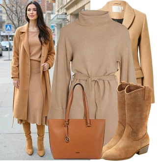 Svatební host Outfit s Béžová/Hnědá/Khaki/Šedá Šaty s Páskem/Pletené Šaty/Šaty S Rolákem/Zimní šaty s dlouhým rukávem/Zimní Pletené Šaty/Svetrové Šaty Vila "Stylový zimní outfity"