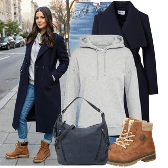 Dlouhé Outfit s Světle modrá/Modrá Kožená bunda/Kožená Pánská Bund/Navlékací džíny/Kotníková Bota/Kožené Boty/Džíny s Dírou/Džín s Nízkým Pasem/Džíny s Nízkým Sedem/Džíny s Rozparkem/Push up Džín Tommy Jeans "Stylový zimní outfity"