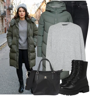 Dlouhé Outfit s Černá/Šedá/Tmavě šedá Kožená bunda/Termální Džíny/Slim Fit Džíny/Zimní bunda/Push up Džín/Motorkářské Džíny/Kožené Boty/High Waist Džínové Kalhoty/Džíny s Rozparkem Only "Stylový zimní outfity"