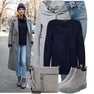S volány Outfit s Šedá/Světle šedá/Tmavě šedá Kožená bunda/Teniska na platformě/Gumová Kotníková Bota/Plochá Kotníková Bota/Zimní tenisky Lascana "Trendový zimní vzhled"
