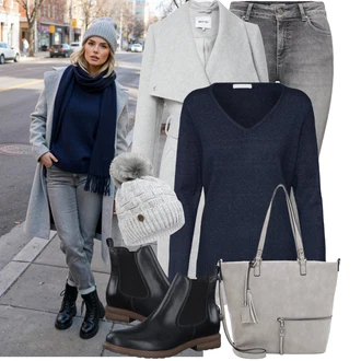 Klasické Koncert Outfit s Šedá About You, Modrá/Tmavě modrá Kašmírový Svetr/Jednoduchý Svetr/Svetr s V-výstřihem/Vlněný Svetr Vila "Trendový zimní vzhled"Look: Klasické, Moderní, Univerzitní, Business, Kancelář, Příliš oblečený, Cool, Bar, Koncert, Škola, Valentýn, Den matek, Zvláštní příležitosti, Nový Rok, Egirl, Námořní, Old Money, Preppy, Biřmování, Chatky, Galavečer