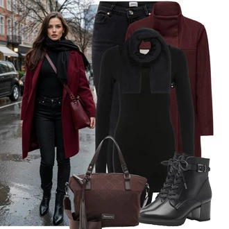 Jízda na koni Outfit s Černá Kožená bunda/High Waist Džínové Kalhoty/Džíny s Rozparkem/Push up Džín/Zimní bunda/Kožené Boty/Termální Džíny/Motorkářské Džíny Only "Trendový zimní vzhled"Look: Jízda na koni, Na Procházku, Volný čas, Apres ski