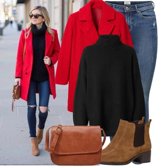 Outfit s Červená Vlněný kabát/Vintage Kabát/Vlněný Fleecový Kabát/Midi Kabát/Kabát z Kabanosu/Kabát Bouclé/Kašmírový Kabát/Teddy Kabát Desigual "Vkusný podzimní outfit"