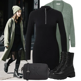 Svatební host Outfit s Černá/Tmavě modrá Zimní šaty s dlouhým rukávem/Šaty s dlouhým rukávem/Šaty s Předním Zipem/Pletené Šaty/Zimní Pletené Šaty/Šaty S Rolákem/Svetrové Šaty About You "Vkusný podzimní outfit"