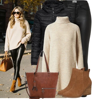 Narozeniny Podzim Outfit s Hnědá/Béžová/Khaki Kašmírový Svetr/Kašmírový Svetr/Mohair Pullover/Rolák/Vlněný Svetr/Svetr s límečkem Pieces "Vkusný Podzimní outfit"Look: 60. narozeniny, Koncert, Chatky, Den matek, Škola, Zvláštní příležitosti, Narozeniny