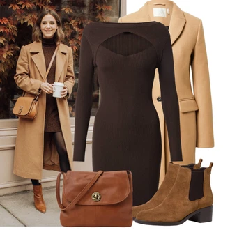 Narozeniny Podzim Outfit s Hnědá/Tmavě hnědá/Šedá/Tmavě zelená Šaty s dlouhým rukávem/Šaty S Vysokým Výstřihem/Přiléhavé Šaty/Šaty Ze Síťoviny/Pletené Šaty/Šaty S Rolákem/Šaty na Podzim/Svetrové Šaty/Zimní Pletené Šaty/Zimní šaty s dlouhým rukávem About You "Vkusný Podzimní outfit"Look: Bar, 30. narozeniny, 40. narozeniny, Koncert, Firemní večírek, Zvláštní příležitosti, Narozeniny