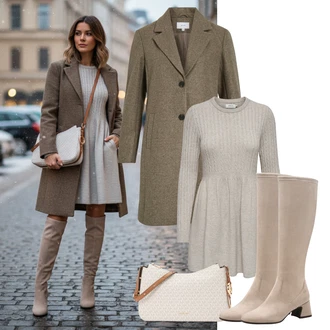 Kulatý výstřih Outfit s Šedá/Hnědá/Khaki/Béžová Svetrové Šaty/Zimní Pletené Šaty/Zimní šaty s dlouhým rukávem/Šaty S Rolákem/Pletené Šaty Only "Zimní look"