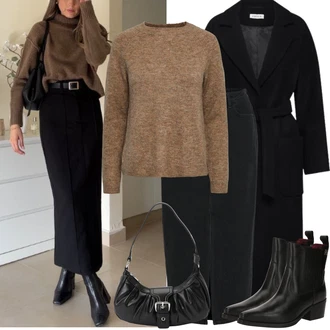 Klasické Koncert Outfit s Černá 90tá Léta Sukně/Sukně do Délky Lýtka/Džínová Sukně/Dlouhá Sukně/Midi Sukně/Moderní Sukně/Tužková sukně/Džínová vintage sukně Vila "Podzimní Outfity"Look: Styl, 50. Let, 90tá léta, Burleska, Klasické, Cool, Elegantní, Krásný, Old Money, 60. Let, 80tá léta, Bar, Koncert, Divadlo, Matriční úřad