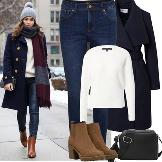 Klasické Koncert Outfit s Tmavě modrá/Modrá Skinny Kalhoty/Džínové Legíny/Jeggings VERO MODA, Bílá/Krémová Basic Svetr/Kašmírový Svetr/Svetr z Jemné Pleteniny/Kašmírový Svetr/Jednoduchý Svetr/Vlněný Svetr/Svetr s Kulatým Výstřihem VERO MODA "Podzimní Outfity"Look: Styl, 90tá léta, Klasické, Cool, Old Money, Skromné, Bar, Koncert, Škola, 18. narozeniny, Námořní, Kancelář, Preppy, Chytrý příležitostný, Univerzitní, Biřmování, Chatky