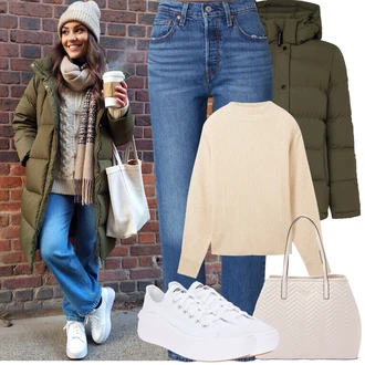 Outfit s Béžová/Khaki/Bílá/Oranžová Basic Svetr/Kašmírový Svetr/Svetr z Jemné Pleteniny/Kašmírový Svetr/Pletený Svetr/Jednoduchý Svetr/Vlněný Svetr/Svetr s límečkem/Svetr Niki/Svetr Carmen/Svetr s Kulatým Výstřihem Tom Tailor Denim "Podzimní Outfity"