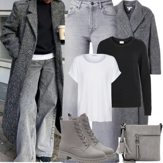 Outfit s Šedá/Bílá/Krémová Tričko/Jednoduchý top/Mužské běžecké boty/Neformální Tričko/Tričko nadměrné velikosti/Košilový top/Tričko s krátkým rukávem/Krátký top Only "Podzimní Outfity"