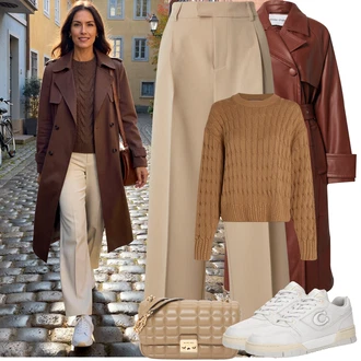 Outfit s Červená/Oranžová/Hnědá Midi Kabát/Přechodový Kabát/Umělá Kůže Kabát/Trenčkot/Trenčkot/Vintage Kabát/Kožený Kabát/Dlouhý kabát stand studio "Podzimní Outfity"