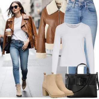 90tá léta Outfit s Světle modrá Kožená bunda/Kožené Boty/Zimní bunda/Kotníková Bota/High Waist Džínové Kalhoty/Navlékací džíny/Džíny s Rozparkem/Push up Džín levi's ® "Podzimní Outfity"Look: Emo, Styl, 90tá léta, Cool, Disko, Old Money, Bezešvé