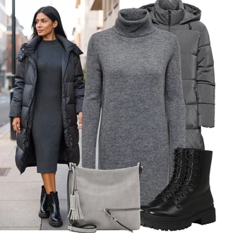 Metal Koncert Outfit s Černá Šněrovací Kotníková Bota/Bota na Platformě/Šněrovací Kozačka na Platformě/Bojová Bota About You "Módní zimní outfit"Look: Gotický, Metal, Venkovní, Techno, Bar, Koncert, Elektro, Škola, Coachella