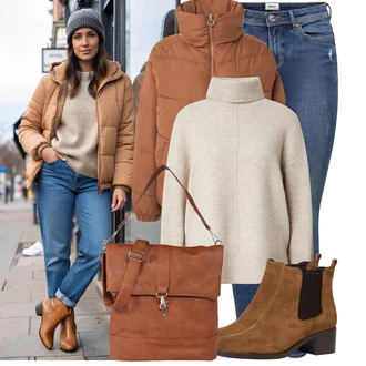 Horolezectví Outfit s Hnědá/Oranžová Nafukovací Bund/Krabice bunda/Letní peřová bunda/Zimní Bund/Prošívaná Bunda/Udržitelná bunda/Podzimní bunda/Puchová Bund Hollister "Módní zimní outfit"Look: Horolezectví, Jízda na koni